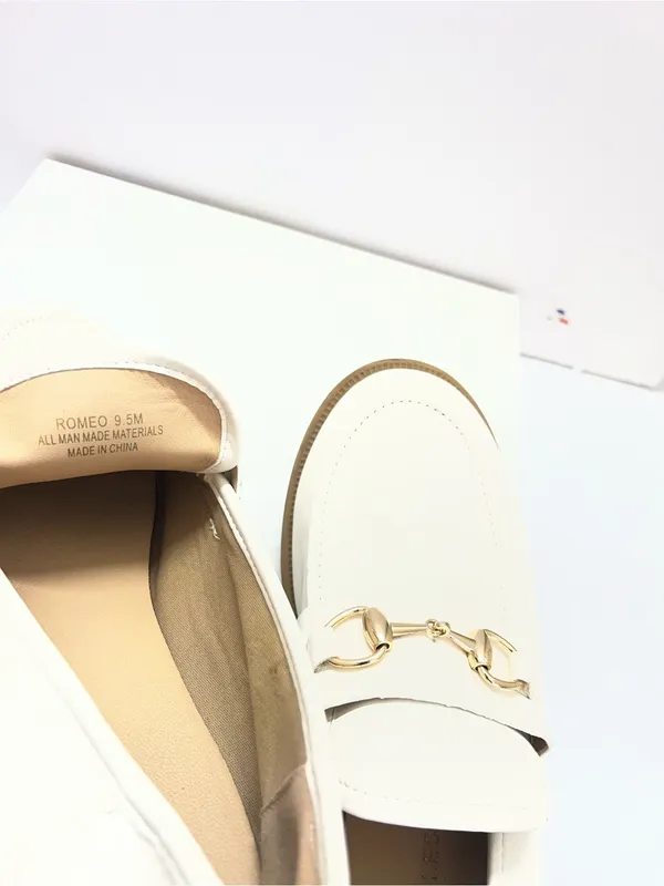 Sincerly Jules White Leather Loafers with Gold Horsebit - Image 5