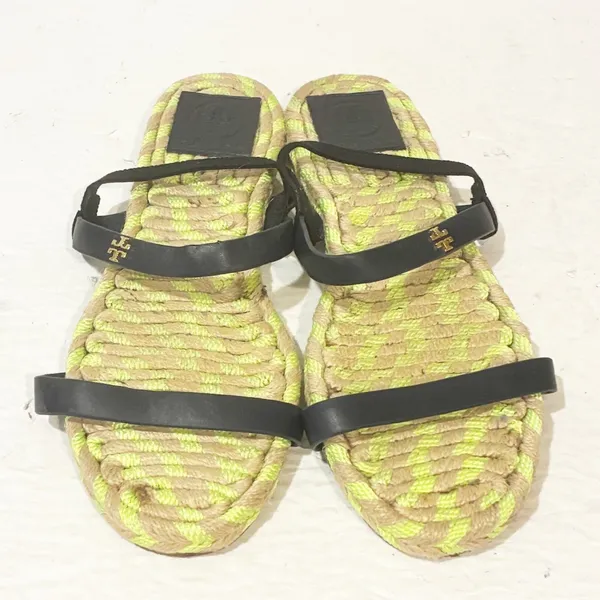 Tory Burch Two-band‎ Flat Espadrille Green Neon Brown Leather Sandals Size 7 - Image 2