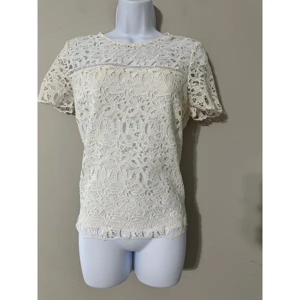 Massimo Dutti Lace Crocheted Top Ivory Short Sleeve‎ Sheer Elegant Women's - Image 2