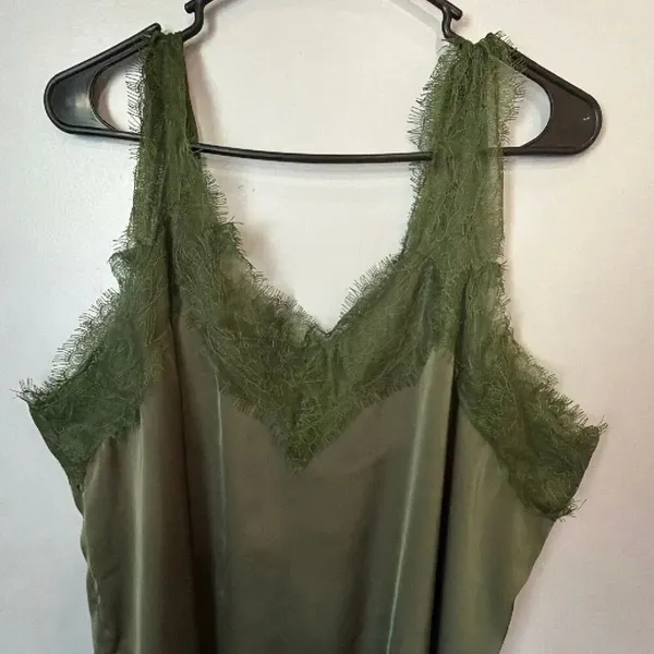 Bishop + Young Olive Green Satin Lace Trim V-Neck Camisole Tank Top 2X #1200 - Image 2