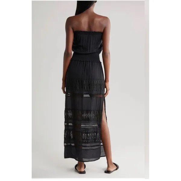 Elan Black Strapless Smocked Waist Crochet Lace Tiered‎ Maxi Dress Small Boho - Image 2