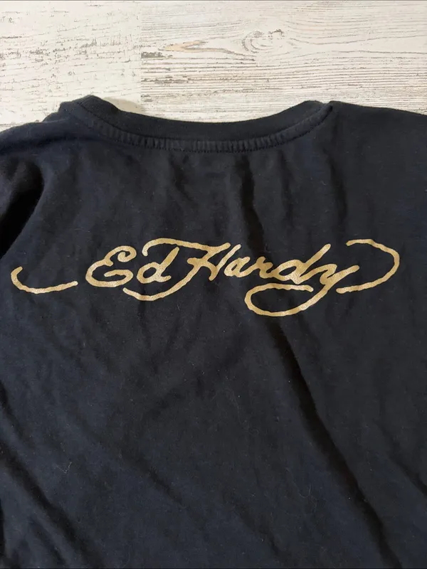 Ed Hardy Black Crop Baby Doll Tee with Red Butterfly & Gold Script - Image 5
