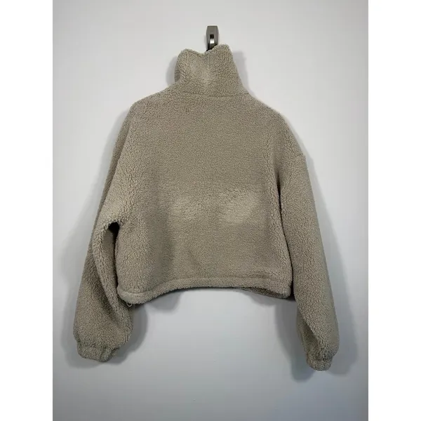 Hollister Cropped Sherpa Fleece Zip Front Jacket XL Beige Teddy Boxy Coat - Image 2