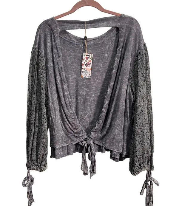 BKE Gimmicks FAB! Embroidered Mesh Boho Open Tie Festive Top in Gray L With Tags - Image 3