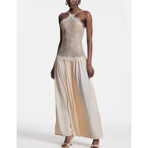 Innovare Denim Maxi Dress Lace Cadwalader Size S Nude Blush - Image 8