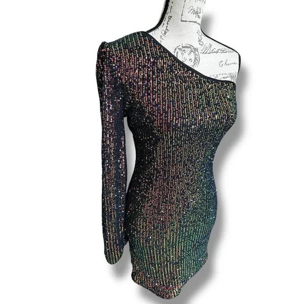 Cefian Navy Blue Sparkle Sequin One Shoulder Dress Medium NWT - Image 2
