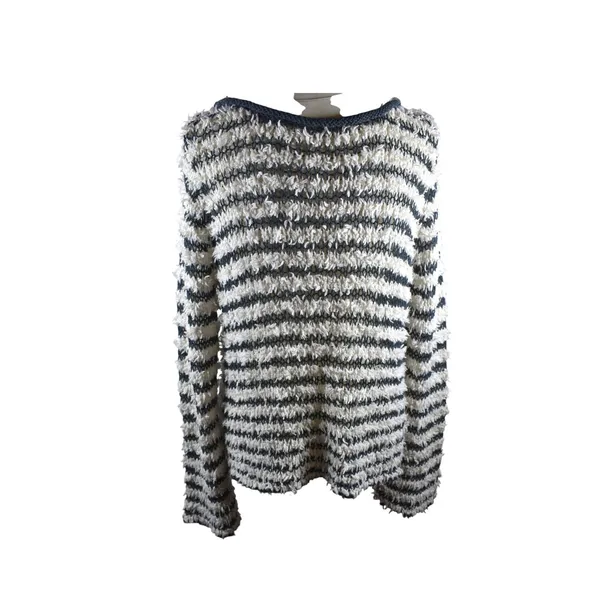 Free People Striped Eyelash Knit Sweater Navy Cream Scoop Neck Womens Medium - Image 2