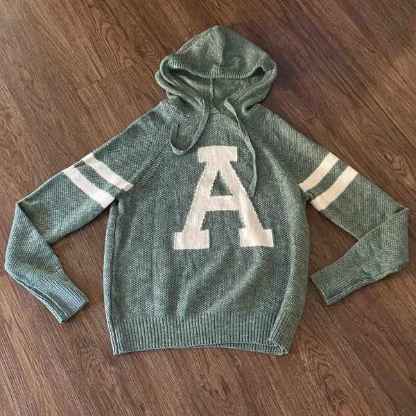 NWT Long Sleeve Drawstring Hooded Sweater Green White Large - Image 8