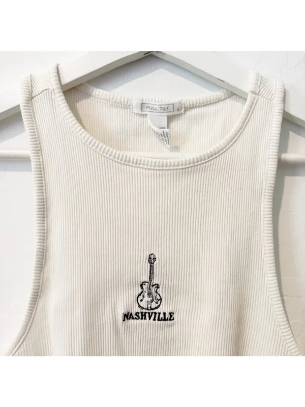 Full Tilt Tank Top Size L Cream Nashville Ribbed Embroidered Graphic Shirt Indie - Image 2