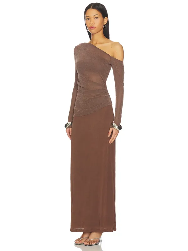 SOVERE Zeya One Shoulder Mesh Maxi Dress Mocha Ruched Sheer Long Sleeve Evening - Image 4