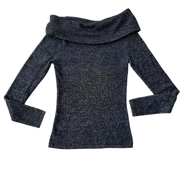 Cache Off-Shoulder‎ Cowl Neck Knit Metallic Sweater Small Black Gold Stretchy - Image 2