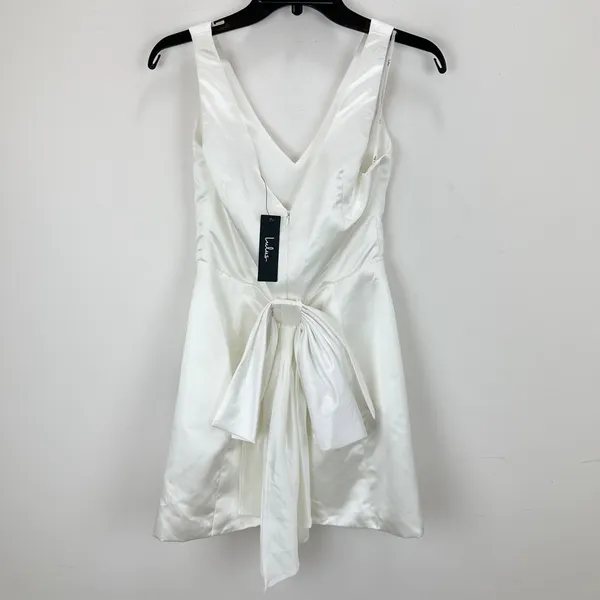Lulus Charming Celebration White Taffeta Bow Mini Dress Wedding Bridal Small NWT - Image 8