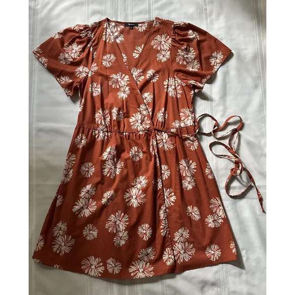 Madewell Women's Wrap Floral Print Mini Dress Burnt Orange/ Rusty Size XL EUC - Image 5
