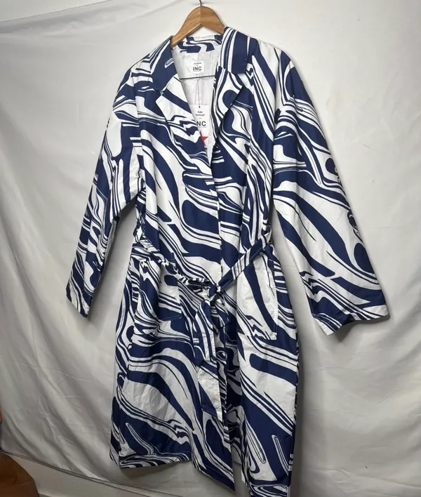 International Concepts NWT Ade Samuel abstract blue white belted trench coat sz XL - Image 2