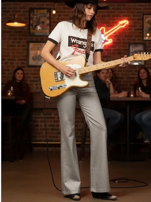 $149 Nwt Wrangler X Fender Women'S Metallic Wanderer Flare Jeans 31 - Image 6