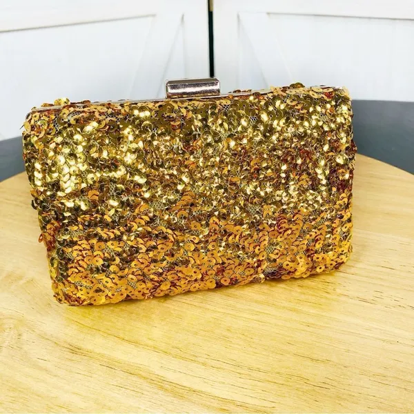 Street Level Sequin Hardside Mini Clutch‎ Evening Bag Metallic Gold - Image 2