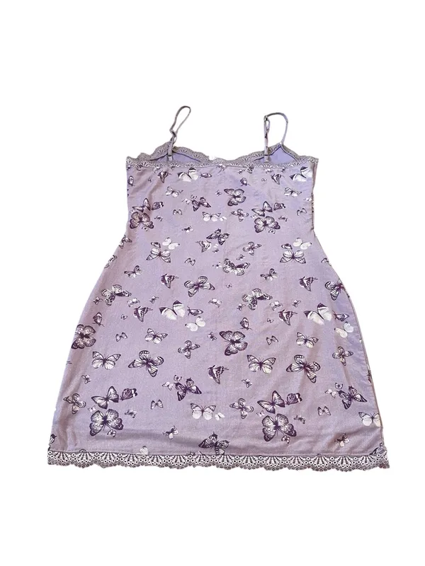 Purple Butterfly Print Babydoll Mini Slip Dress Lace Trim Y2K Fairycore Coquette - Image 5