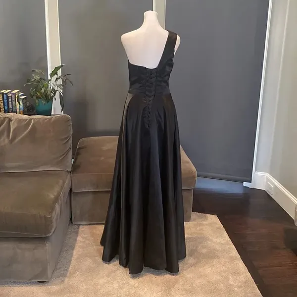 Women’s Black One Shoulder Satin Full Length Prom Party Dress Corset Back Size 2 - Image 5