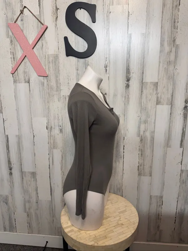 Primark Ribbed Henley Long Sleeve Bodysuit Womens XS Charcoal Grey Cotton Stretc - Image 2