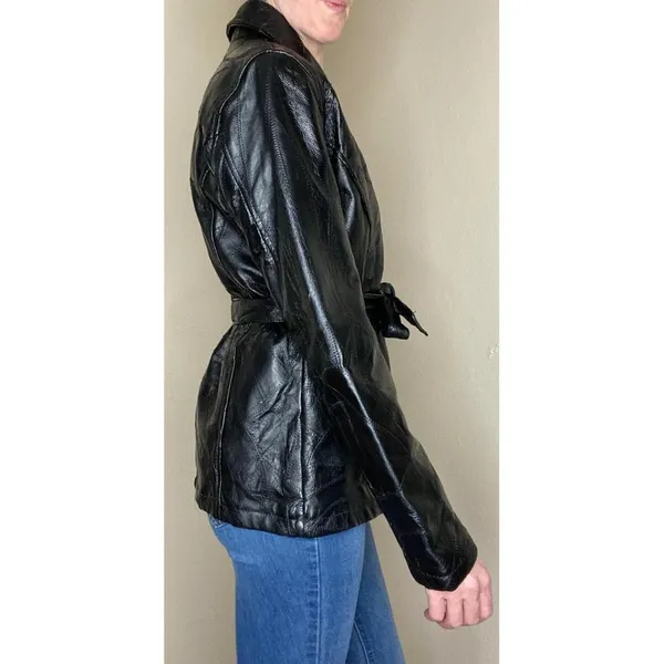Leather Works Vintage  Black Patchwork Leather Waist Tie Jacket - Image 3