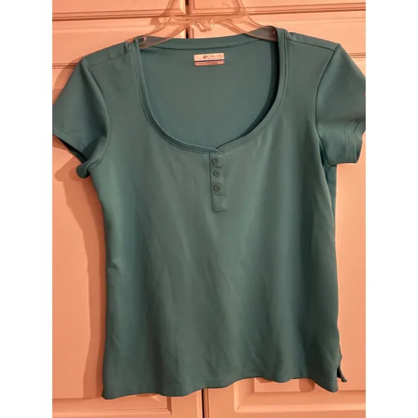Columbia PFG Womens Turquoise Blue Henley Short Sleeve Mesh Active Top Medium - Image 2