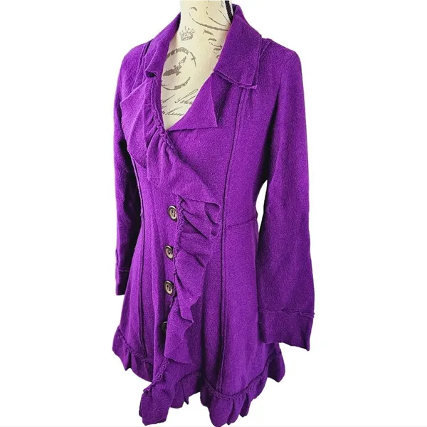 Nic + Zoe -753‎ Women's Magenta Buttoned Ruffled Dress Coat Size Small - Image 2