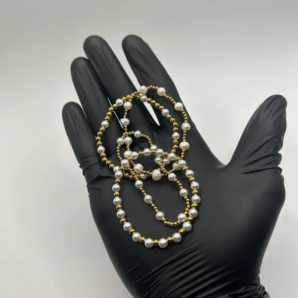 Womens Pearl Gold Bead Stretch Bracelet Set of 4 18k Plated Saphir New - Image 2