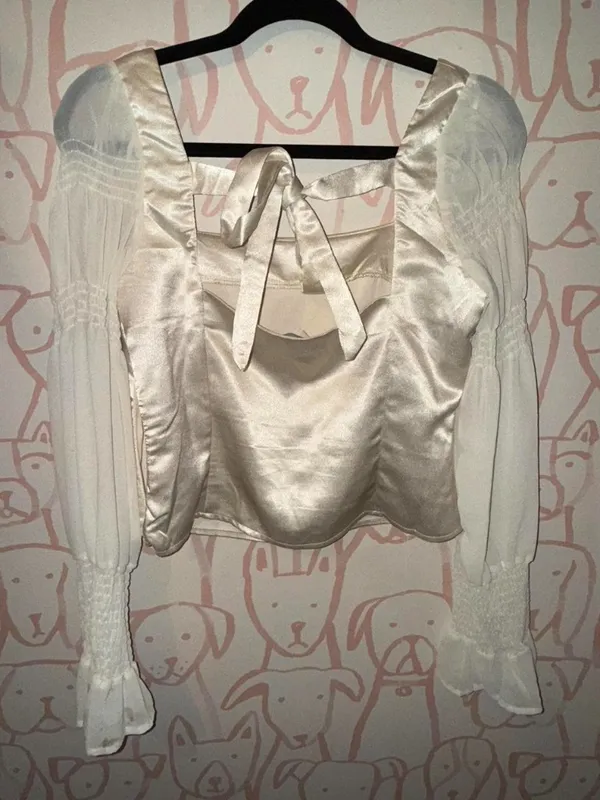 lulus Style Streak Ivory Satin Square Neck Tie-Back Long Sleeve Top - Image 5