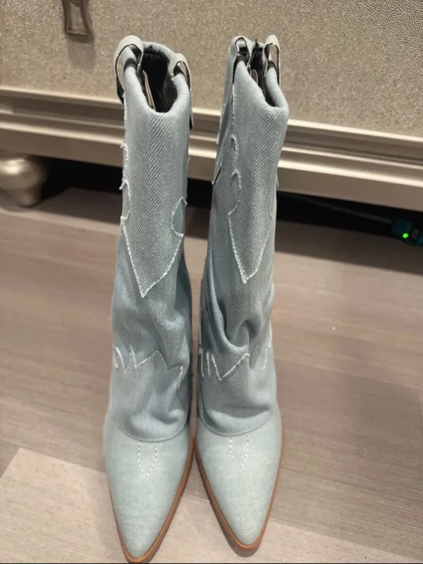 PrettyLittleThing Light Blue Denim Western Ankle Boots - Image 5