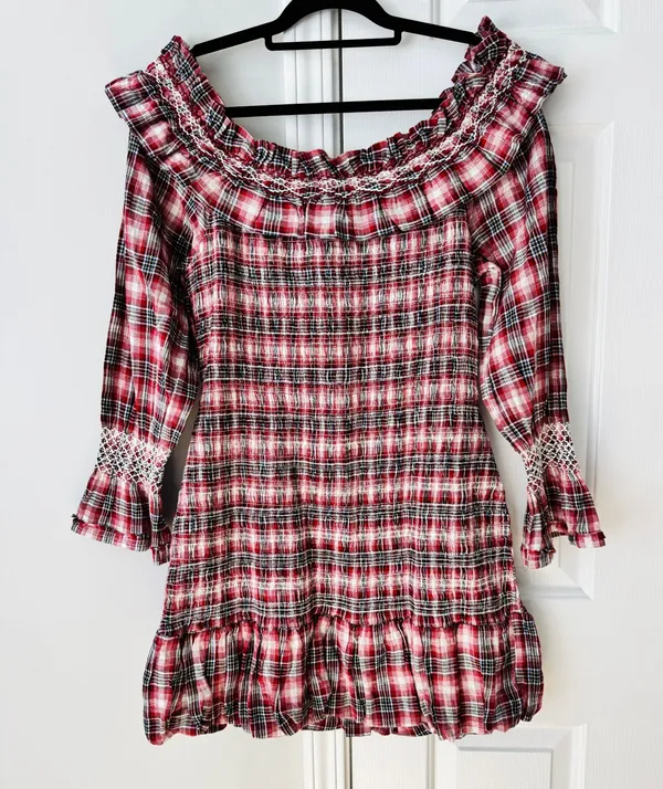 Pilcro Smocked Plaid Mini Dress, Size L - Image 9