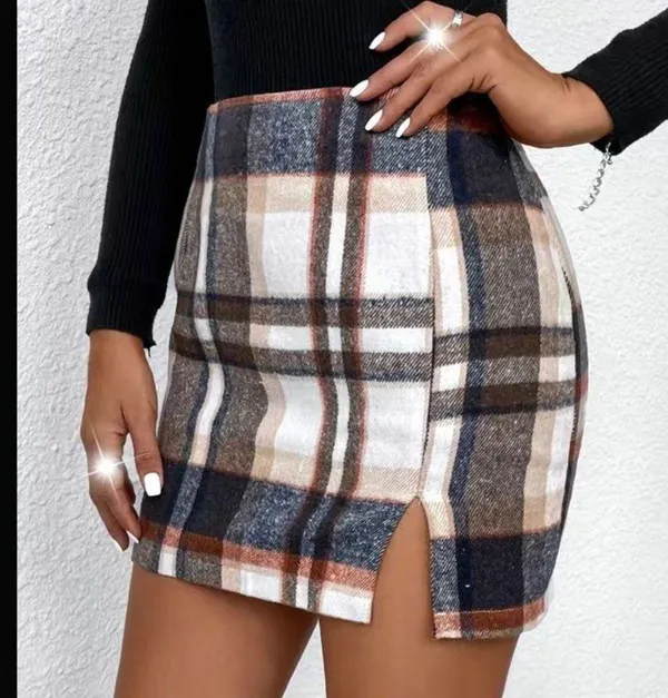 Plaid Pattern Slit Skirt, Casual Mini Skirt Brown Size M - Image 4