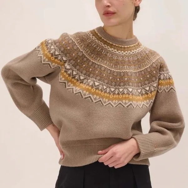 Artelier Nicole Miller Fair Isle Mock Neck Sweater Medium Brown Nordic Yoke Knit - Image 9