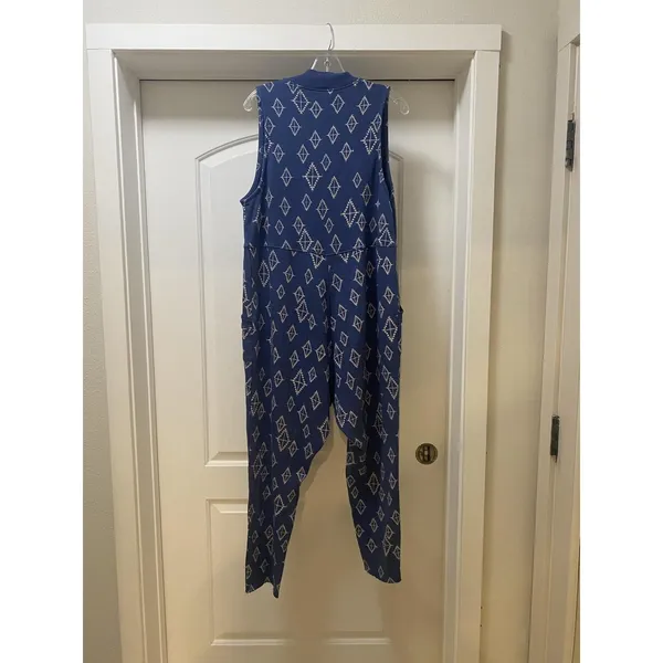 Free People What's Up Jumpsuit Womens XS Blue Geometric V Neck Relaxed Casual - Image 4