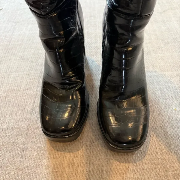 River Island Y2K Black Croc Platform Knee High Boots 10 - Image 3