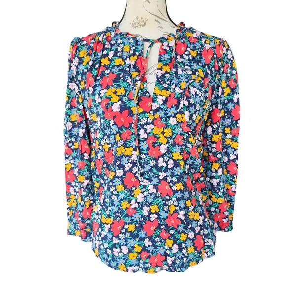 LOFT Womens Floral Ruffle Split Neck Tie Blouse Navy‎ Blue Multi Color Small - Image 2
