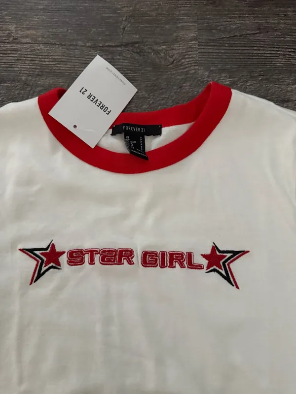 Forever 21 Graphic Cropped White Baby Tee with Red Trim - Image 2