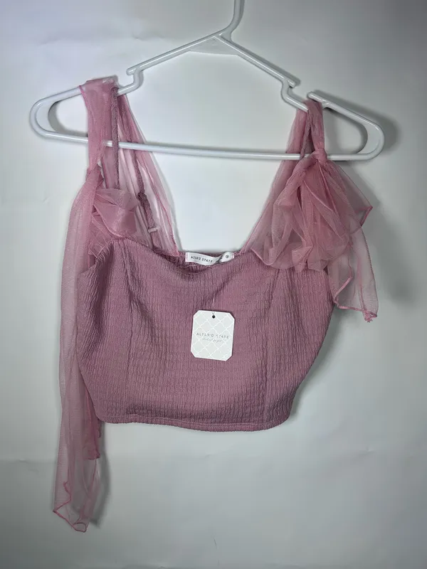 Altar’d State Size S Mauve Pink Tulle Bow Strap Smocked Crop Top Coquette - Image 3