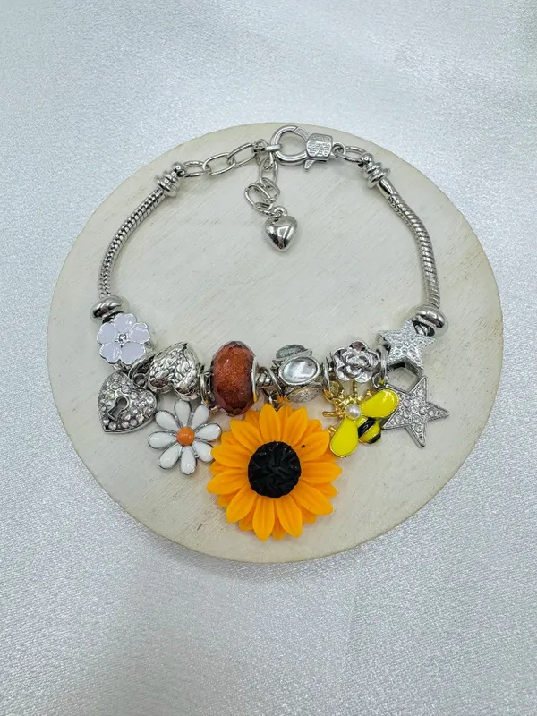 Sunflower & Bee Charm Bracelet – Silver Tone Floral Statement Bracelet - Image 4