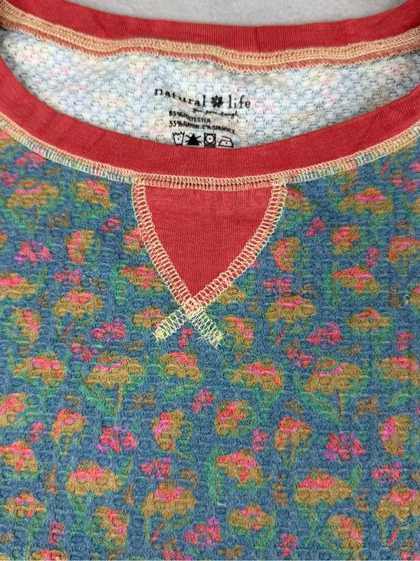 Natural Life Floral Thermal Lounge Pajama Top Blue Pink Waffle Knit Large - Image 2