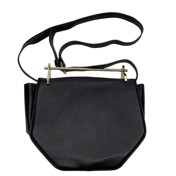 Black Faux Leather Structured Metal Handle Purse Bag - Image 6