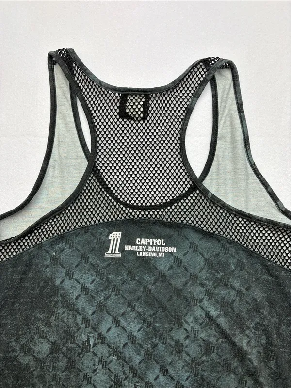 Harley-Davidson size large y2k rhinestone Black Skull Racerback Tank Mesh biker - Image 7