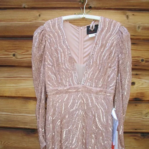 Mac Duggal Pink Size 8 Sequin Beaded Plunge Neck Long Sleeve Trumpet Gown Dress - Image 7