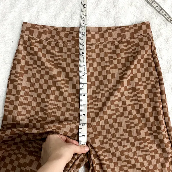 White Fox Boutique Brown Checkered High Rise Mesh Pull On Flare Pants M - Image 7