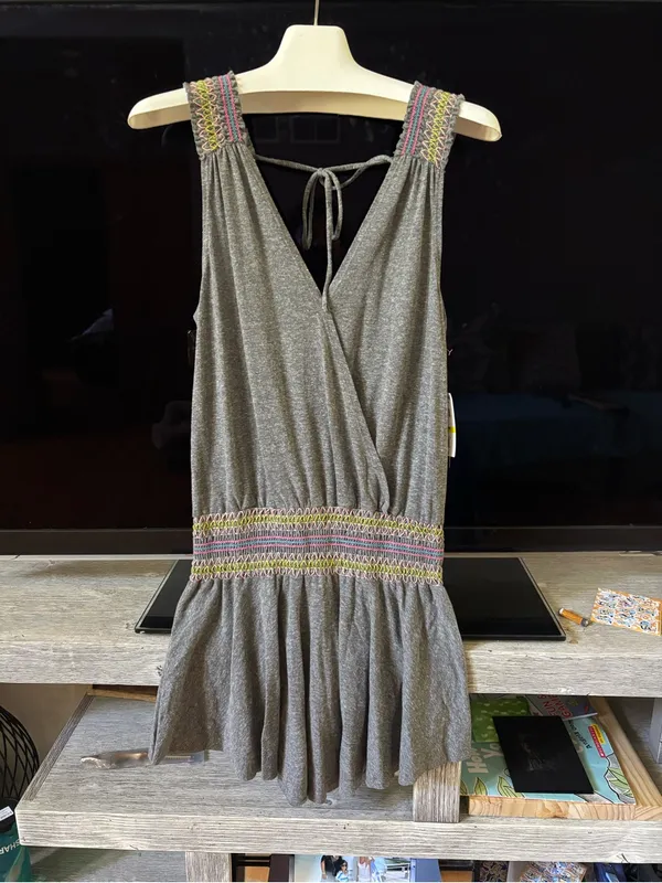 Gray V-Neck Swim Coverup dress with Smocked Waist - Image 3