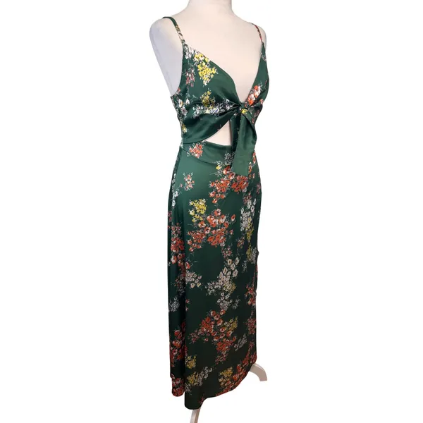 Floral Satin Cutout Tie Front Midi Dress Womens L Green Floral‎ Wedding Party - Image 2