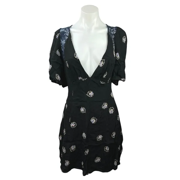 Free People Mockingbird Black Floral Deep V-Neck Open-Back Lace Mini Dress Sz 2 - Image 6