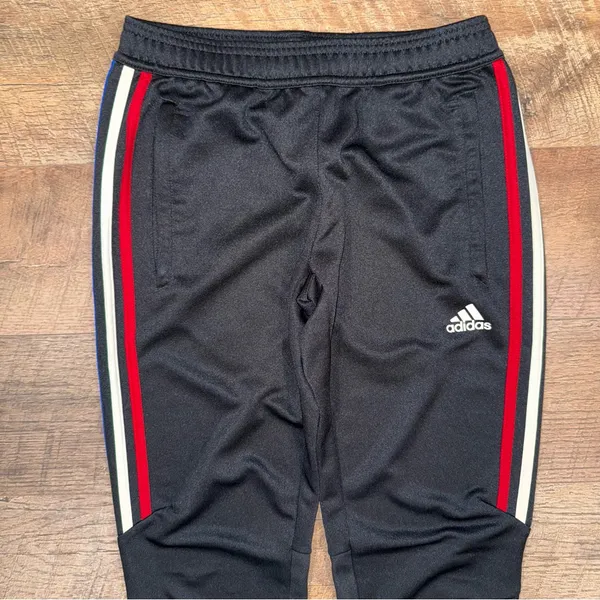 Adidas Black Track Pants with Red, White, and Blue Accents and Pockets - Image 11