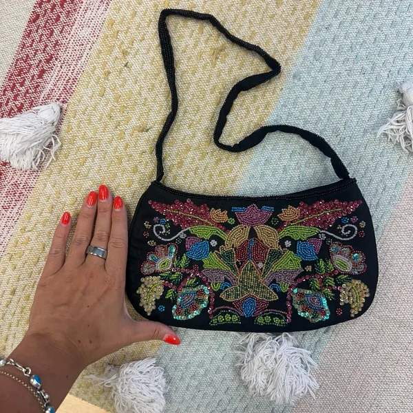 Floral Sequin Beaded Mini Shoulder Handbag Black - Image 3