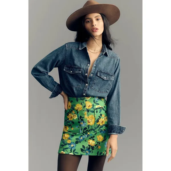 Anthropologie PILCRO Dannie Classic Denim Shirt Western Snap Puff Sleeve XXS - Image 5