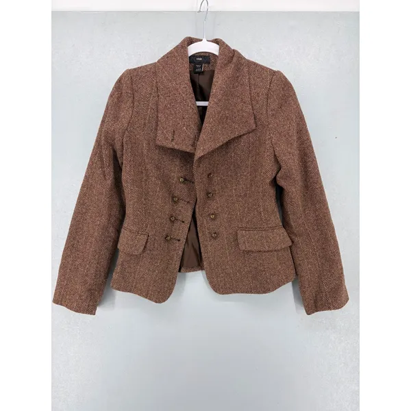 H&M Womens Blazer Brown Herringbone Tweed Double‎ Breasted Academic 6 - Image 2